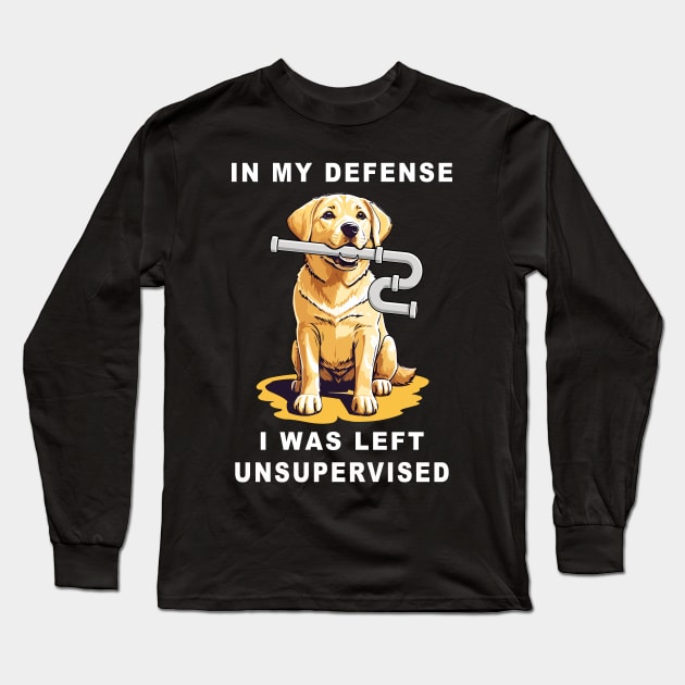 In my defence I was left unsupervised, yellow lab dog has ripped a U-pipe from under the sink funny graphic t-shirt. Long Sleeve T-Shirt by Cat In Orbit ®